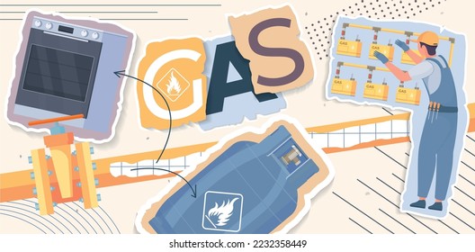 Gas appliance collage in flat style with cooker tank and worker checking equipment vector illustration