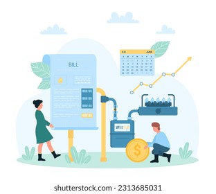 Gas bill payment vector illustration. Cartoon tiny people hold utility invoice and money to pay for gas supply according to meter readings, arrow of monthly expenses for consumption growing up