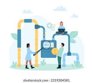 Gas bill payment vector illustration. Cartoon tiny people check gas meter readings and price with magnifying glass, customer characters pay money online for supply service and heating of family house