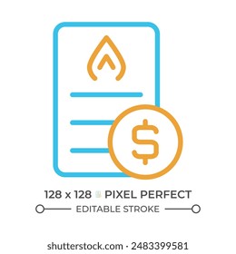 Gasrechnung Zweifarblinien-Symbol. Zahlung für öffentliche Versorgungsleistungen. Schulden für Versorgungsunternehmen. Rechnung Information Bicolor Umrisssymbol. Lineares Zweiton-Piktogramm. Einzeldarstellung. Bearbeitbarer Strich