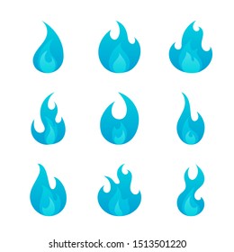 Gas blue flames flat icons set isolated on white background. Cartoon burning natural gas sign collection for web, game, design, app. Vector illustration