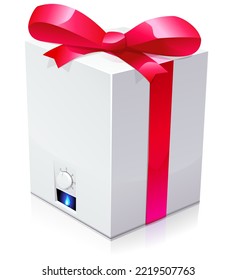 Gas boiler in 3D with its blue standby flame and its control button surrounded by a red ribbon topped with a knot (isolated)