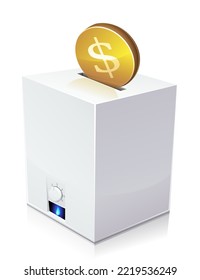 Gas boiler in 3D with its blue standby flame and its control knob with above a slot or gold coin with the symbol of the dollar currency is introduced