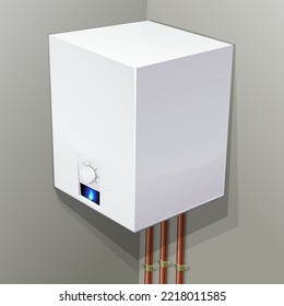 Gas boiler with the blue flame of the pilot light in 3D hanging on a wall where the gas inlet copper pipes are located