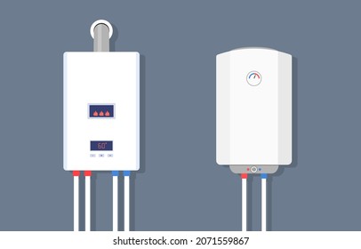 Gas boiler and electric water heater. Home furnace, tank isolated on blue background. System of combi heating. White smart gas boiler with burner for heat water with hot, cold pipe and control. Vector
