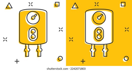 Gas boiler icon in comic style. Heater cartoon vector illustration on isolated background. Boiling splash effect sign business concept.