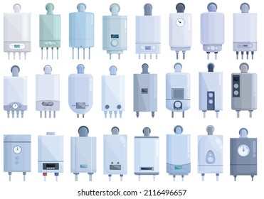 Gas Boiler Icons Set Cartoon Vector. Room Hvac. Steam Hot Interior