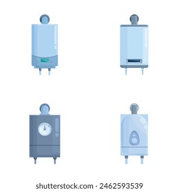 Iconos de caldera de gas conjunto de Vector de dibujos animados. Caldera de gas y calentador de agua eléctrico. Equipo doméstico