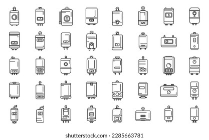 Gas boiler icons set outline vector. Room hvac. Hot steam