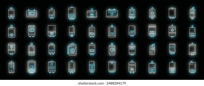 Gas boiler icons set outline vector. Room hvac. Hot steam neon color on black