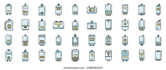 Gas boiler icons set outline vector. Room hvac. Hot steam thin line color flat on white