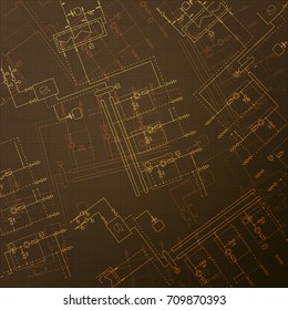 Gas Boiler In The Room. HVAC Technical Blueprint. Central Heating Engineering Drawings. Brown Background. Vector Illustration Project.