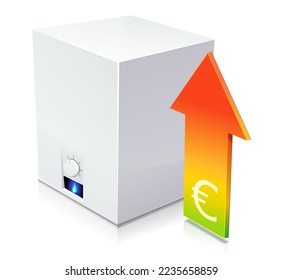 Gas boiler with its thermostat and the bluish flame of its pilot light located next to an arrow rising from green to red with the symbol of the euro currency