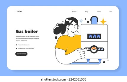 Gas boiler web banner or landing page. Household gas appliance. Annual checking or maintaining of gas equipment. Fossil fuel and eco-friendly energy. Flat vector illustration