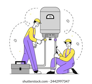 Gas boiler workers linear. Men in uniform with toolbox repair pipes in bathroom. Team of repairmen with wrenches. Boiling room. Doodle flat vector illustration isolated on white background