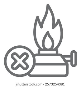 Gas burner ban line icon, prohibited items concept. Vector graphics. Gasoline lamp with fire flame forbidden sign on white background, outline style icon for mobile or web design