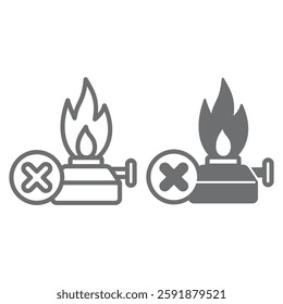 Gas burner ban line and solid icon, prohibited items concept. Vector graphics. Gasoline lamp with fire flame forbidden sign on white background, outline style icon for mobile or web design
