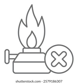 Gas burner ban thin line icon, prohibited items concept. Vector graphics. Gasoline lamp with fire flame forbidden sign on white background, outline style icon for mobile or web design