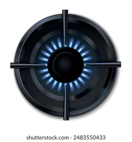 Gas burner with blue burning flame top view realistic vector illustration. Modern kitchen stove for food cooking fire power energy heat ring circular hot light propane glowing flammable blaze