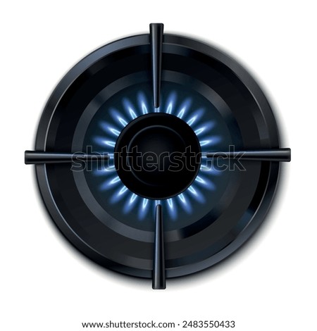 Gas burner with blue burning flame top view realistic vector illustration. Modern kitchen stove for food cooking fire power energy heat ring circular hot light propane glowing flammable blaze