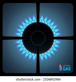 Quemador de gas con llama azul de gas limpio. Con rejas para cocinar. Vista superior de cierre. 3d ilustración vectorial realista.