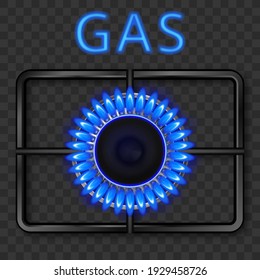 Gas Burner With Blue Flame And Black Steel Grate.Vector Realistic Illustration