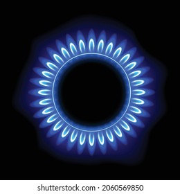 Gas burner with blue flame, glowing fire ring on kitchen stove. Vector realistic mockup of burning propane butane in oven for cooking in top and side view isolated on black background