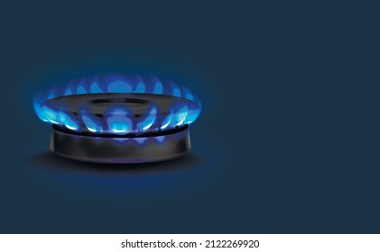 Gas burner with blue flame, glowing fire ring in blue color on the kitchen stove. Realistic mock-up of burning gas, propane-butane. Side view. copy space. Vector illustration