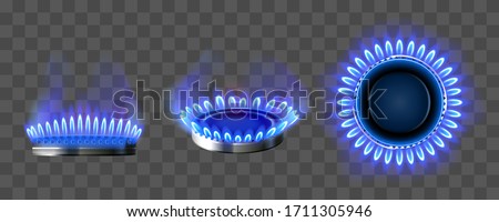 Gas burner with blue flame. Glowing fire ring on kitchen stove in top and side view. Vector realistic mockup of burning propane butane in oven for cooking isolated on transparent background