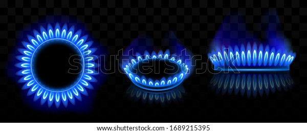 Gas burner\
with blue flame, glowing fire ring on kitchen stove. Vector\
realistic mockup of burning propane butane in oven for cooking in\
top and side view isolated on black\
background