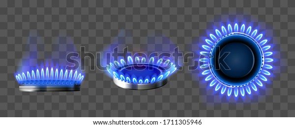Gas\
burner with blue flame. Glowing fire ring on kitchen stove in top\
and side view. Vector realistic mockup of burning propane butane in\
oven for cooking isolated on transparent\
background