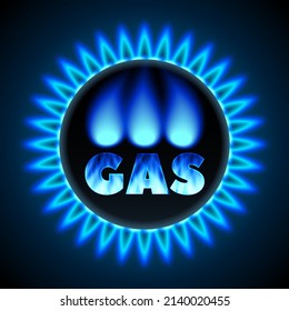 Gas burner with a blue flame of pure gas. With GAS nightingale and blue flame texture. Top view close-up. 3d realistic vector illustration.