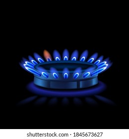 Gas burner and blue flame, stove, natural fuel. Vector illustration.