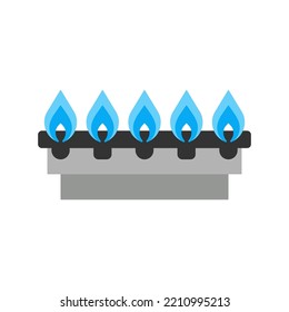 Gas Burner With Fire, Blue Flame On The Stove. Hob On Gas Stove. Home Cooking Plate In The Kitchen. Vector Flat Illustration