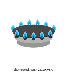 Gas Burner With Fire, Blue Flame Propane On Stove. Hob On Gas Stove. Home Cooking Plate In Kitchen. Vector Flat Illustration