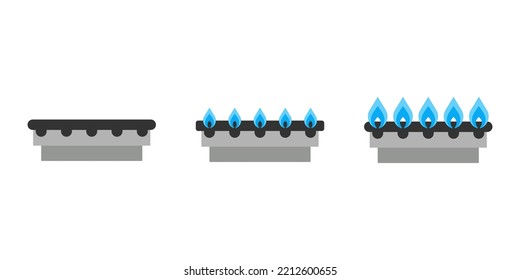 Gas burner with fire set, absence and full blue flame on stove. Saving expensive gas. Hob on gas stove. Home cooking plate in kitchen. Vector flat illustration