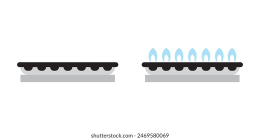 Gas burner with fire set, absence and full blue flame on stove. Saving expensive gas. Hob on gas stove. Home cooking plate in kitchen.