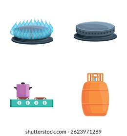 Gas burner icons set cartoon vector. Different type of gas furnace and burner. Kitchen appliance
