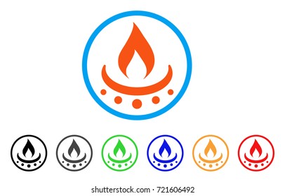 Gas Burner Jet Flame rounded icon. Style is a flat gas burner jet flame orange symbol inside light blue circle with black, gray, green, blue, red, orange color versions.