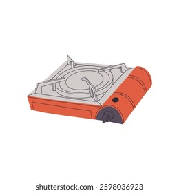 Gas burner for preparation of food outdoors. Portable propane cooker for camping. Hiking equipment for cooking. Trekking gear to travel at nature. Flat isolated vector illustration on white background
