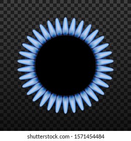 Gas burner ring with blue flame on black background. Vector stock illustration.