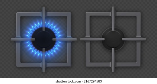 Gas burner set with blue flame and cast iron grate. Kitchen stove with lit and off hob. Burning propane butane in oven for cooking top view isolated on transparent background