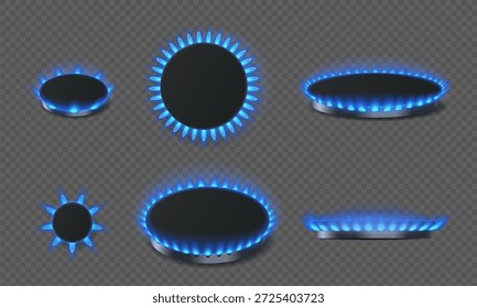 Quemador de gas con llamas azules, anillos de fuego realistas para cocina. Anillo de quemador de gas natural brillante vista frontal y superior, horno de butano propano, elemento de cocina de vitrocerámica. Conjunto aislado de Vector.