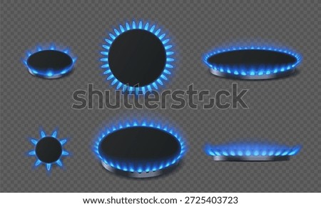 Gas burner set with blue flames, realistic fire rings for kitchen stove. Front and top view glowing natural gas burner ring, propane butane oven, hob cooker element. Vector isolated set.