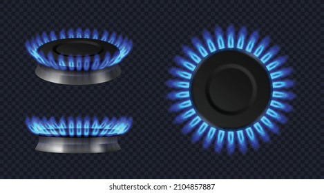 Gas burner set realistic with blue flame, glowing fire ring on kitchen stove. Template mockup of burning propane butane in oven for cooking in top and side view. 3d vector illustration