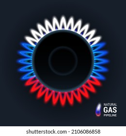 Gas burner with a tricolor flame, the flag of Russia. Russian gas. Pipeline clean gas from Nord Stream. Top view close-up. 3d realistic vector illustration.