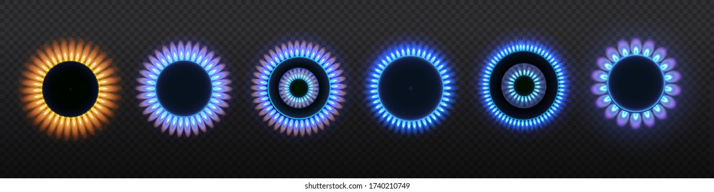 Gas Burners, Blue Flame, Top View Isolated On A Transparent Background. Stove With Burning Gas. Vector Illustration, Eps 10. 