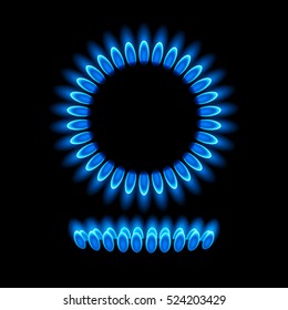 Gas burners, blue flame, top and side view, vector background