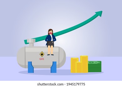 Gas business vector concept: Businesswoman getting profit from gas business while working with face mask