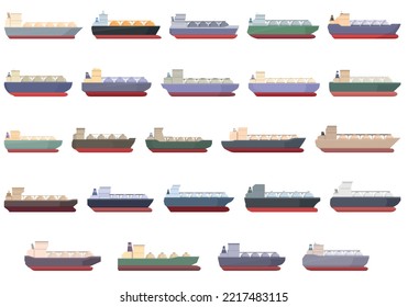 Iconos de buques portadores de gas establecen el vector de dibujos animados. Energía de gas. Camión marino